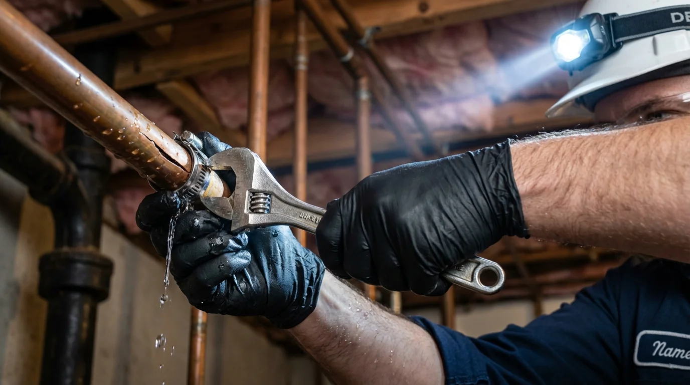 Emergency pipe clamp repair being performed by a Johns Plumbing LLC plumber in Bremen
