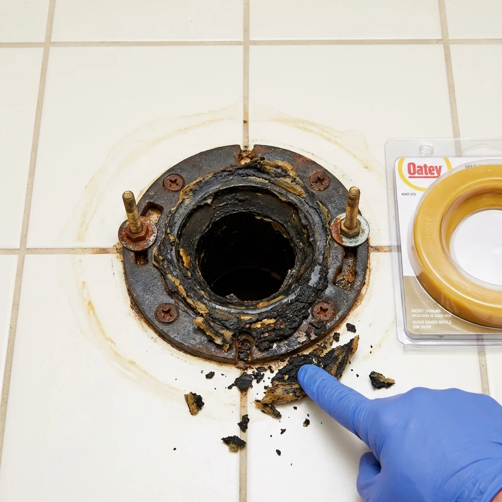 Failed wax ring showing water seepage at the base of a toilet in a Bremen, GA home
